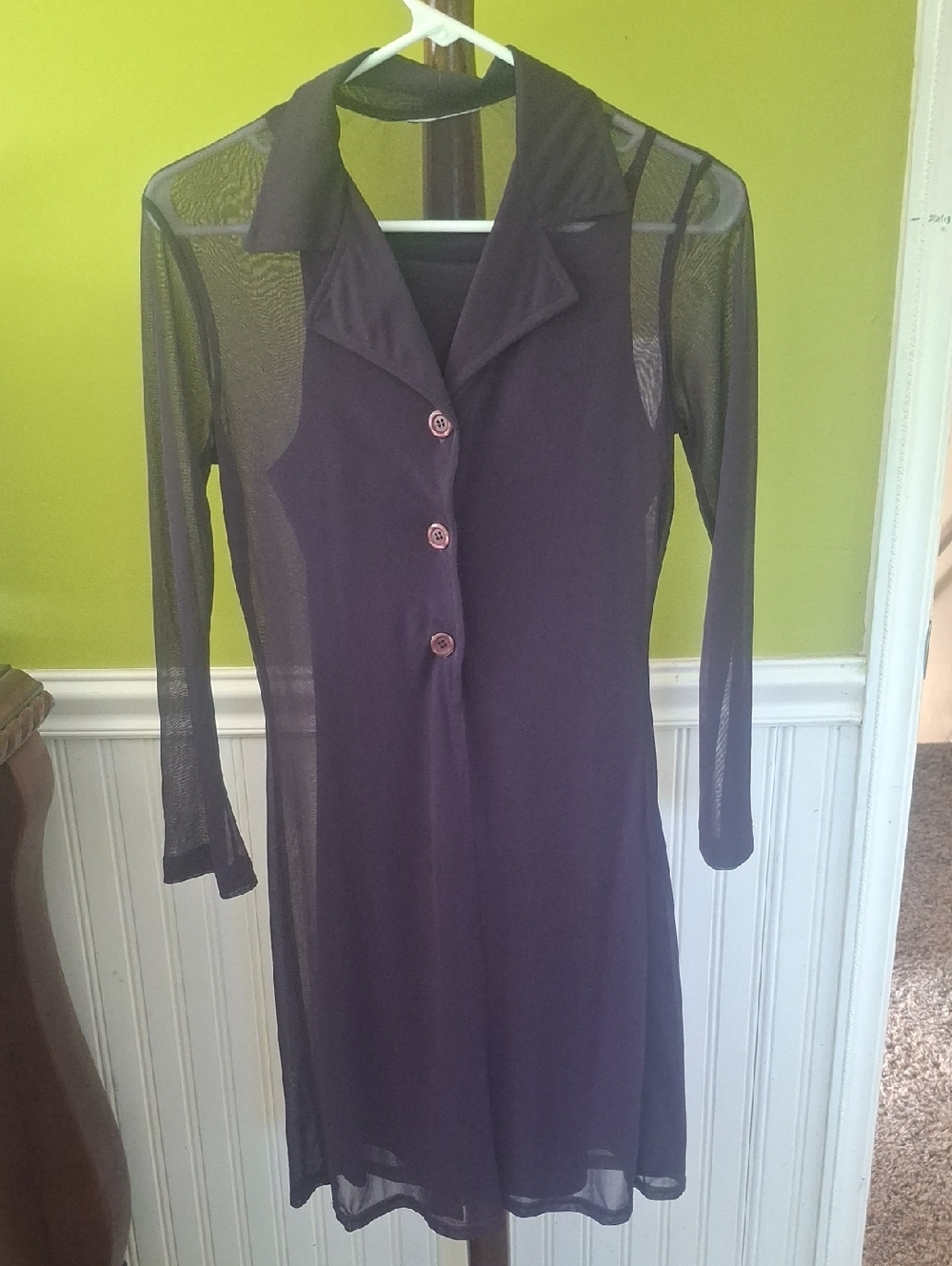 Sleeveless Purple Dress With Long Sleeve Sheer Button-Front Coat